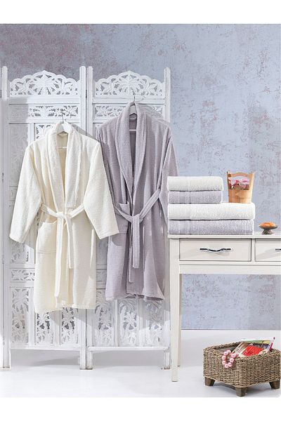 ELVİRAHOME 100% Cotton Lace Laced 6-Piece Family Bathrobe Set, Bathrobe Set, Dowry Set