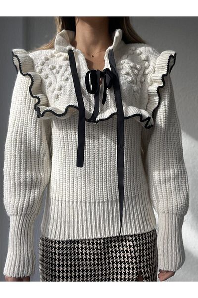 IŞILDA FASHION Volánkový límec šněrovací svetr černý