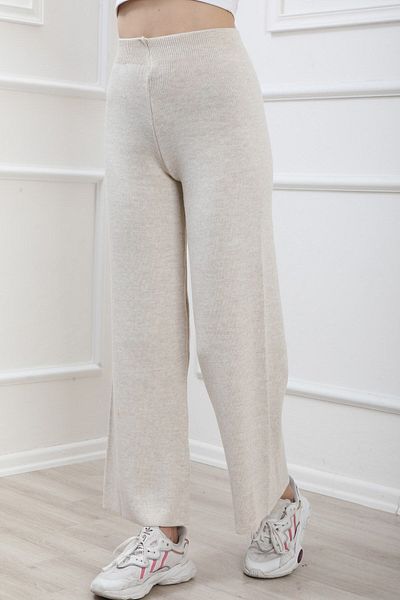 ÖZMODA Steinfarbene Strickhose mit weitem Bein und elastischem Bund
