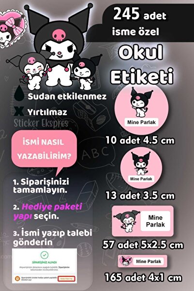 Sticker Ekspres Okul Etiketi Kuromi Kalem Defter Etiketi Özel İsim Yazılabile...