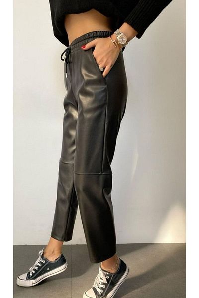 KEYYMOD Waist Lace Knee Seam Detail Leather Trousers