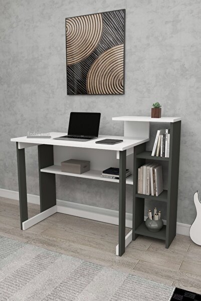 Zuesse Dizayn Lotus 5 Raflı Çalışma Masası Laptop Bilgisayar Masası Ofis Ders Yemek Çocuk Masası Antrasit-Beyaz