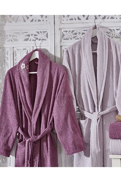ELVİRAHOME 100% Cotton 3D Embroidery 6 Piece Family Bathrobe Set, Bathrobe Set, Dowry Set
