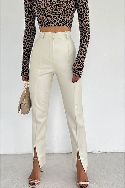MERSİ Stone Color Faux Leather Trousers with Slits on the Legs and Raised Inside