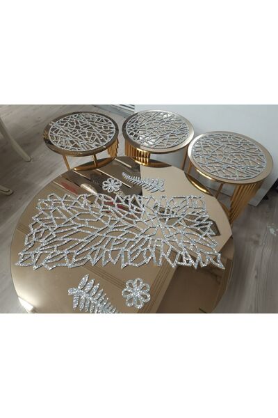 SEHARA 1 Orta Sehpa Runnerı (70X33CM) ve 3 Zigon Örtüsü(33CM)/ışıltılı Gümüş Suni Deri/toplam 4 Parça