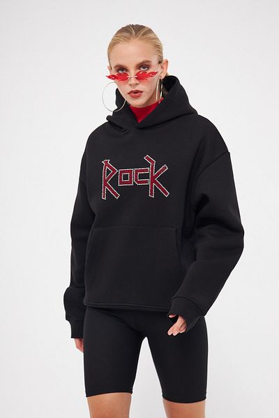 The Champ Clothing Черен извънгабаритен суичър с качулка и надпис Polar Rock от вътрешната страна