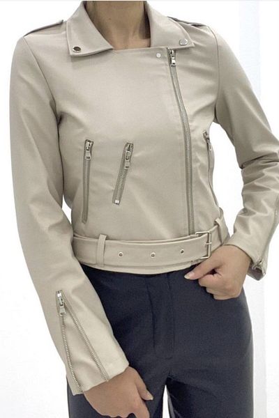 nazebutik Damen-Lederjacke mit Gürtel, Creme