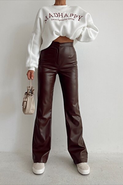 Hello Lovely Pantaloni maro din piele cu picior evazat