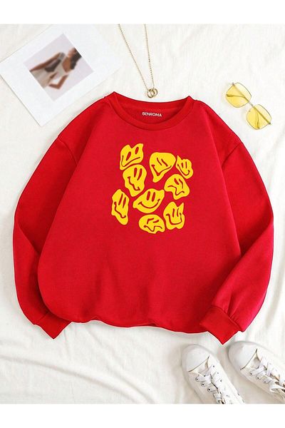 BENROMA Unisex Kids Sweatshirt - Smiling Faces Printed, Crew Neck