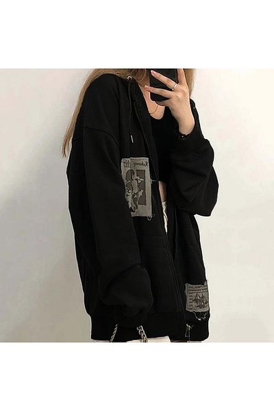 modaberry Black Punk Distressed - Cardigan cu glugă supradimensionat de iarnă