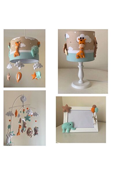 Leobabyroom Kahve Bulutlu Mint Turuncu Detaylı Hayvan Figürlü Avize Abajur Çerçeve Dönence Tasarım Set