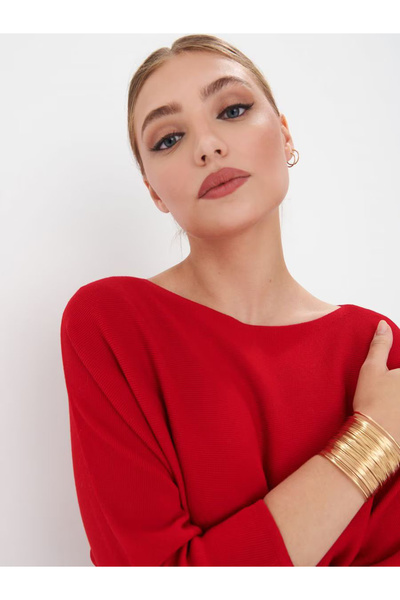 MAG FASHİON Kırmızı Triko Elbise Yarasa Kol Kayık Yaka