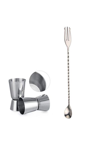 adin tasarım Bar Spoon with Fork + Jigger 2/4 Cl Cocktail Scale Bartender Bar Set Cocktail Mixing Spoon