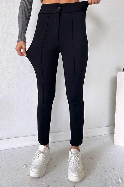 FEVİLLE Black High Waist Recovery Women's Trousers - Skinny Fabric with Grass