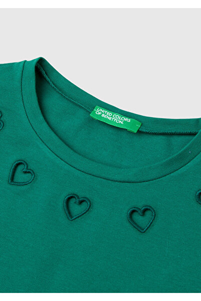 United Colors of Benetton Λεπτομερές μπλουζάκι για κορίτσια με πράσινο λογότυπο πεύκου - μακρυμάνικο, ετικέτα γιακά