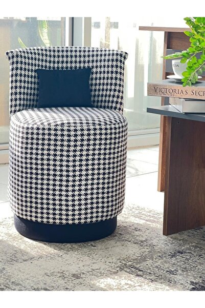 Breda Home Concept Lüks Modern Kazayağı Desenli Siyah Detaylı Yuvarlak Silinebilir Kumaşlı Mono Puf