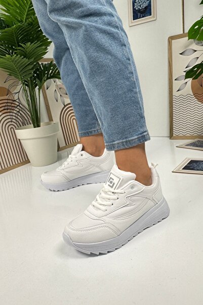 İmerShoes Daily Women's White Sneaker Lace-Up Serrated Thick Sole Walking Sports Shoes 4077