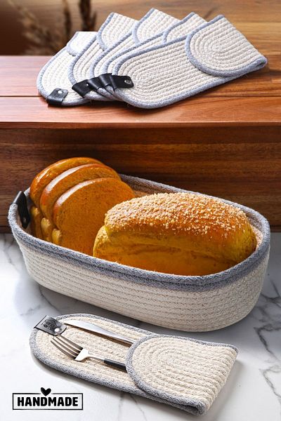 Nandy Home Wicker Patterned Jute Bread Bowl and 6-Piece Spoon Holder Set - Hand Made