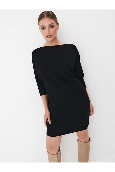 MAG FASHİON Rochie neagră din tricotaje cu mânecă liliac și gât barcă