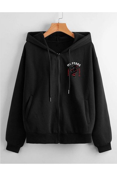 modaberry No Fears Cardigan oversize negru cu glugă - iarnă, cu fermoar și buzunare