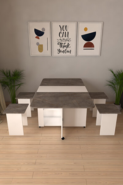 MERETTO Pratik Açılır Kapanır Katlanabilir Taşınabilir Gri Mermer Desenli Yemek Masası 4 Kişilik Masası