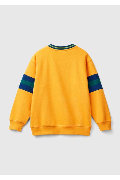 United Colors of Benetton Boy - Mustard Yellow Front Embroidered and Kangaroo Pocket Crew Neck Sweatshirt