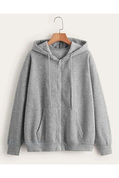 Trendglow Brooklyn Nyc Gray Oversize Thick Cardigan - Winter Hoodie with Hood and Zipper