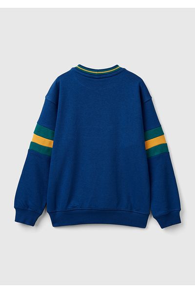 United Colors of Benetton Erkek Çocuk Saks Mavi Önü İşlemeli ve Kanguru Cepli Bisiklet Yaka Sweatshirt