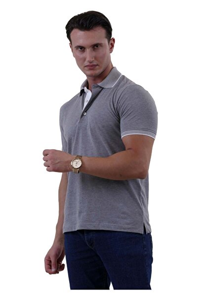 Exve Exclusive Gray Melange Non-Shrink Polo Collar Short Sleeve T-Shirt - Sleeve and Collar Detail