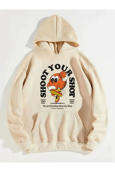 QUEENSTOWN Μπεζ φούτερ Unisex - Shootyourshot Print, 3 νήματα, Χοντρό Oversize Crew λαιμόκοψη