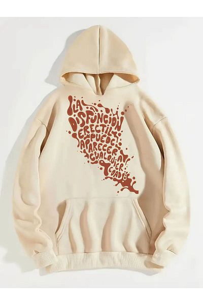 QUEENSTOWN Μπεζ φούτερ Unisex Oversize - Εκτύπωση με ακατάστατο κείμενο στο στήθος, λαιμόκοψη με 3 νήματα
