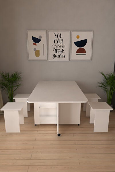 MERETTO Pratik Katlanır Açılır Kapanır Katlanabilir Taşınabilir Beyaz Yemek Masası 4 Kişilik Balkon Masası