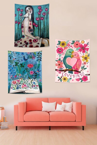 Pelangi Set of 3 - Floral Birds and Women's Calm Relax Stain Resistant Wall C...