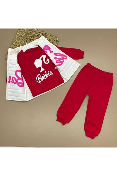 Mini İkizler Barbie Embroidered Red Pink 3-Piece Set - Inflatable Vest Top and Bottom Set