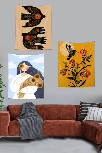 on the clouds Set de 3 apusuri de soare - Fly, Bird with Sunflowers Girl Stain, Tapet rezistent la mur și Tapiserie Tapiserie