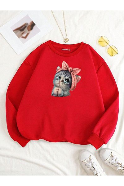 BENROMA Unisex Kids Sweatshirt - Cat Printed, Crew Neck