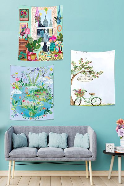 Latibule Bohemian Cat Bicycle World Plants - Map Stain Resistant Tapestry Set of 3