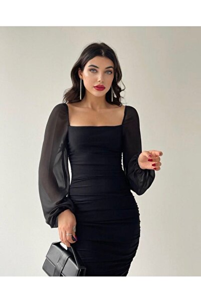 OlaLady Romantické černé tužkové šaty s princeznovskými rukávy