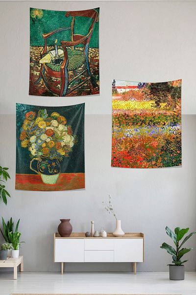 on the clouds Set de tapiserie din 3 piese Van Gogh - Lumânare pe scaun, pânză de perete și covor rezistent la pete cu margarete
