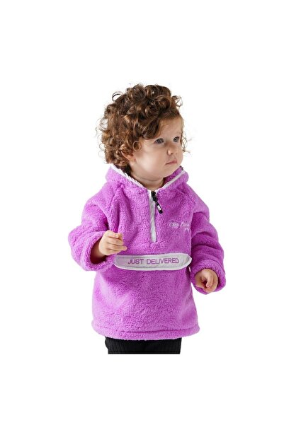 Cosy Club Shop Kız Bebek Fuşya Pembe Yarım Fermuarlı Sıcak Tutan Nefes Alan Kapüşonlu Wellsoft Yumuşak Polar Kazak