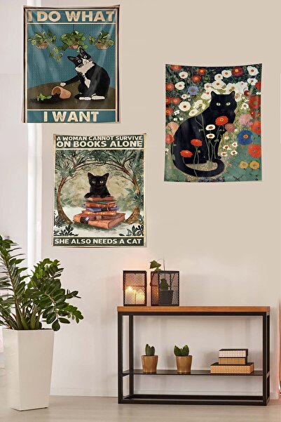 Pelangi Cute Naughty Cat - Flower Pot Flower Tapestry Set of 3, Non-Slip Wall...