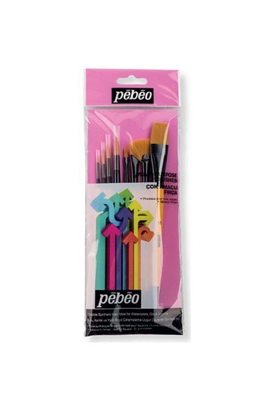 Pebeo 8-Piece Brush Set (Suitable for Oil Painting and Acrylic) -(SILVERY, FLAT AND ROUND TIPS)