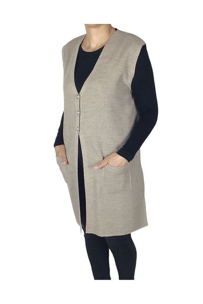 ECE GİYİM Large Size Phytal Patterned Long Vest with Buttoned Pockets