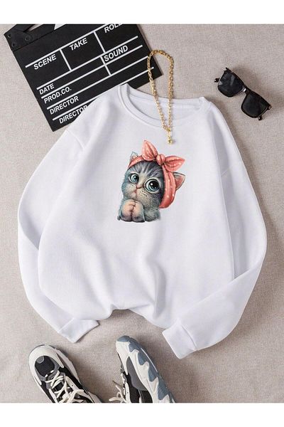 BENROMA Unisex Παιδικό φούτερ - Cat Printed, Crew Neck