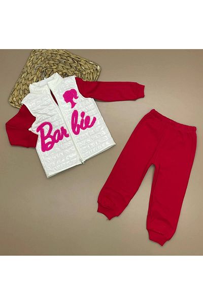 Mini İkizler Barbie Embroidered Red Pink 3-Piece Set - Inflatable Vest Top and Bottom Set