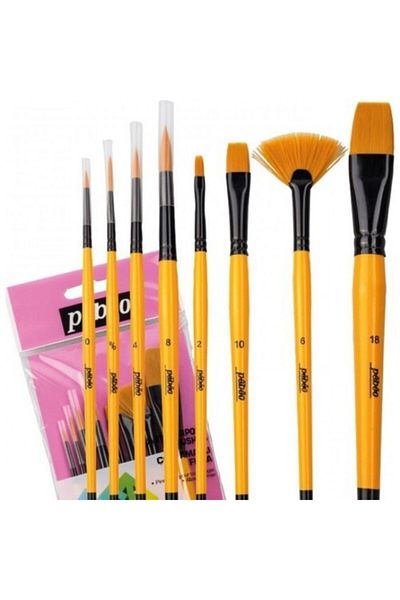 Pebeo 8-Piece Brush Set (Suitable for Oil Painting and Acrylic) -(SILVERY, FLAT AND ROUND TIPS)