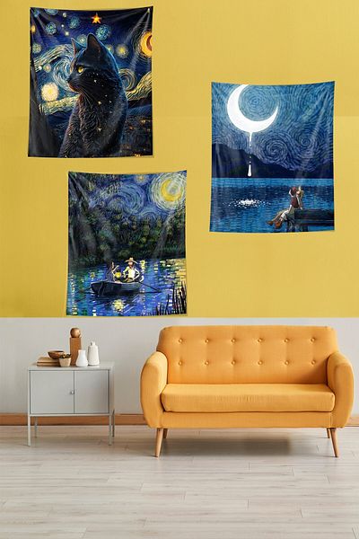 on the clouds Tapiserie înstelată Van Gogh - Moon Boat Stain, cârpă de perete rezistentă la apă, set de 3