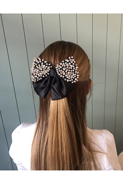 BUGU B&G Inci Ve Taş Işlemeli Gold Siyah Fiyonk Klipsli Toka