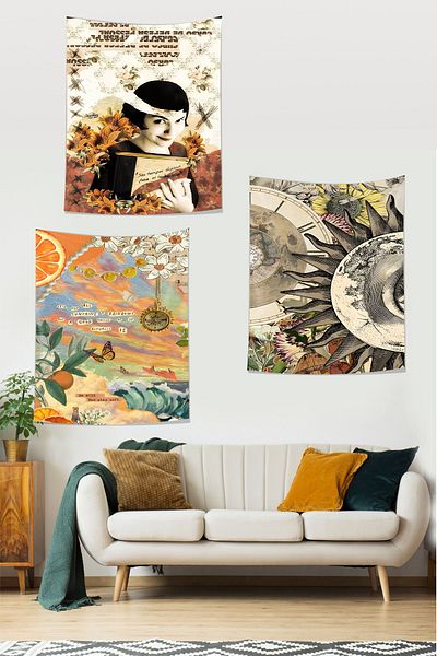 on the clouds Emilie Vintage Sun Floral Compass Tapiserie rezistentă la pete - Set de 3 covoare de perete