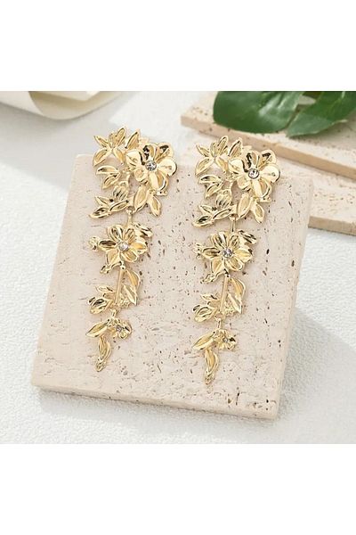 Asteria Jewelry Gold Earrings - Leaf and Flower Detailed